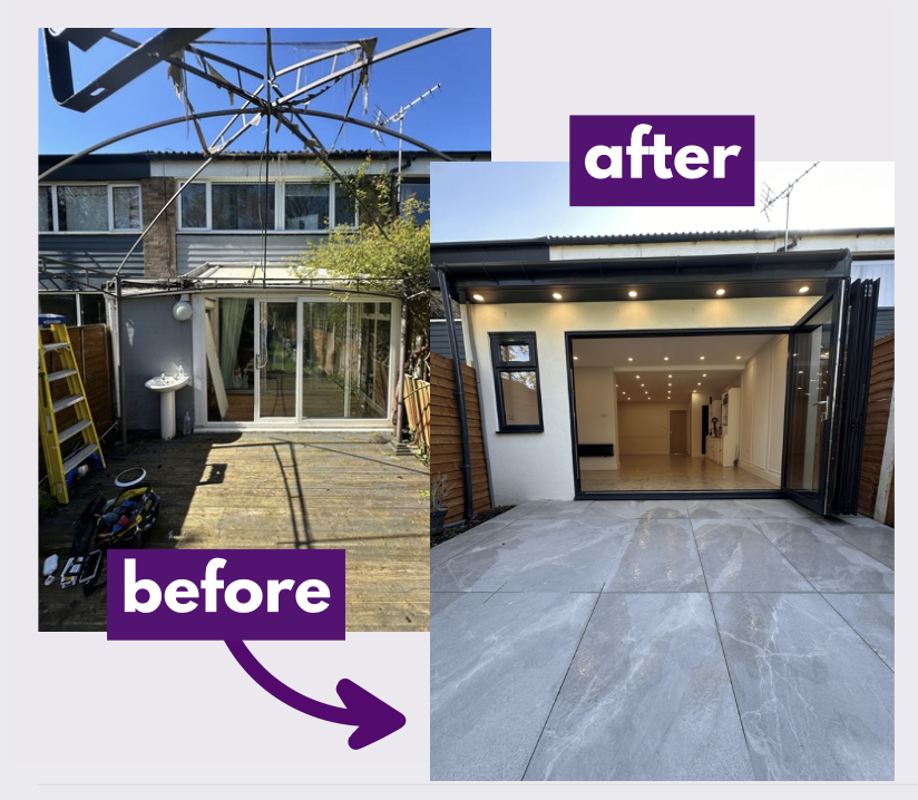 Before and after of a rear extension transforming an unused rear garden into a modern living space with bi-fold doors and porcelain patio