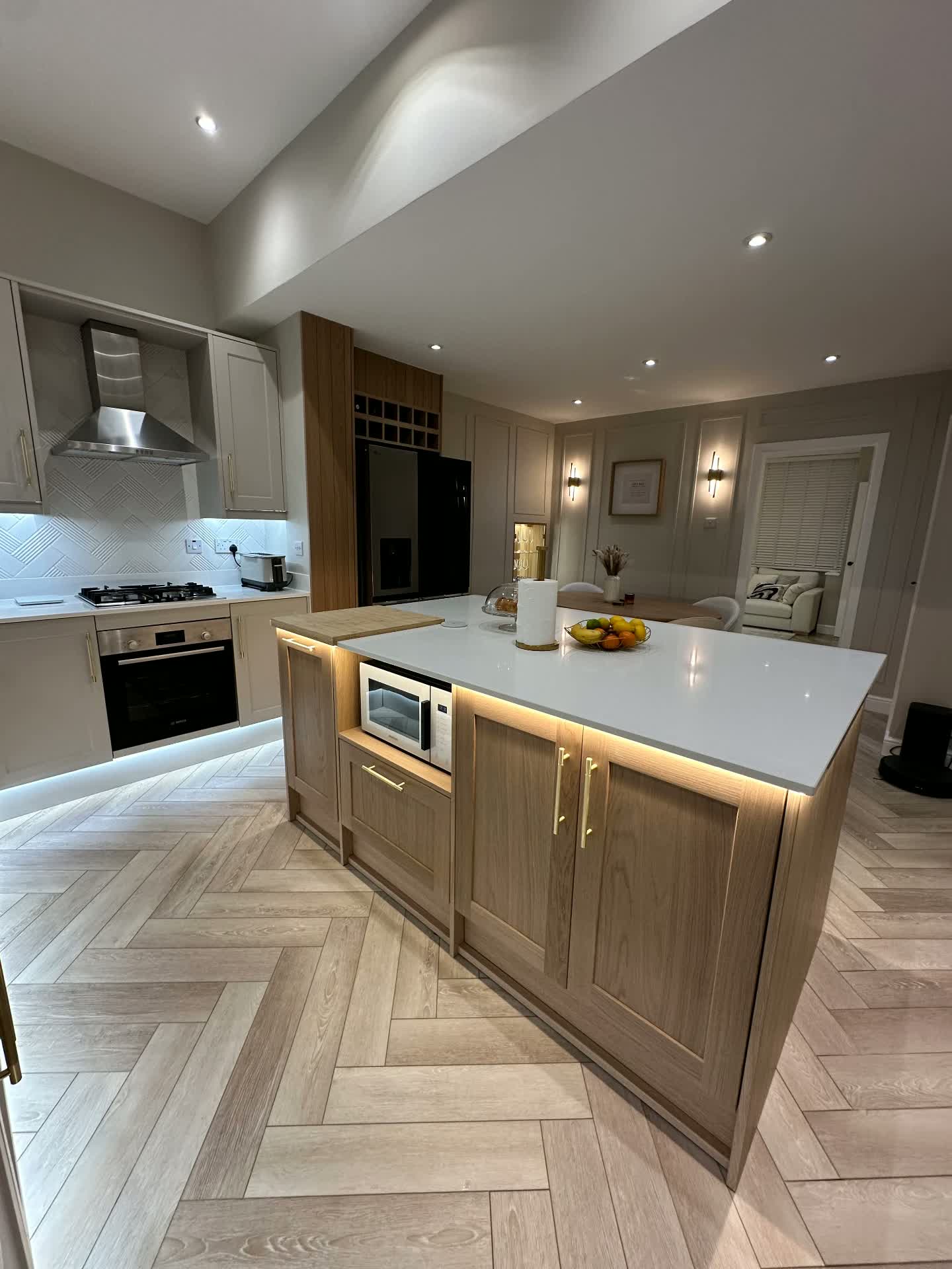 Kitchen extension with oak island, quartz worktop and herringbone flooring